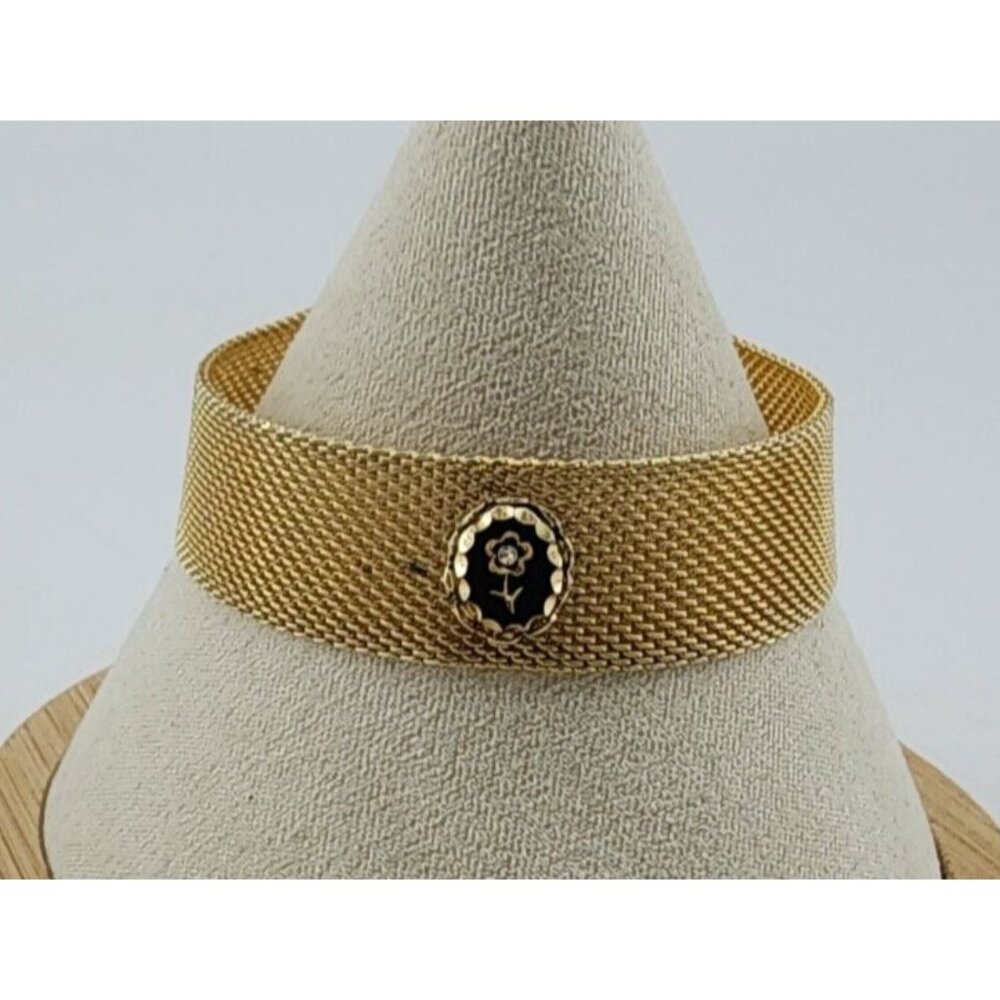 Unbranded Gold Tone Mesh Bracelet w/‎ Safety Chain Black Flower Cameo Rhinestone